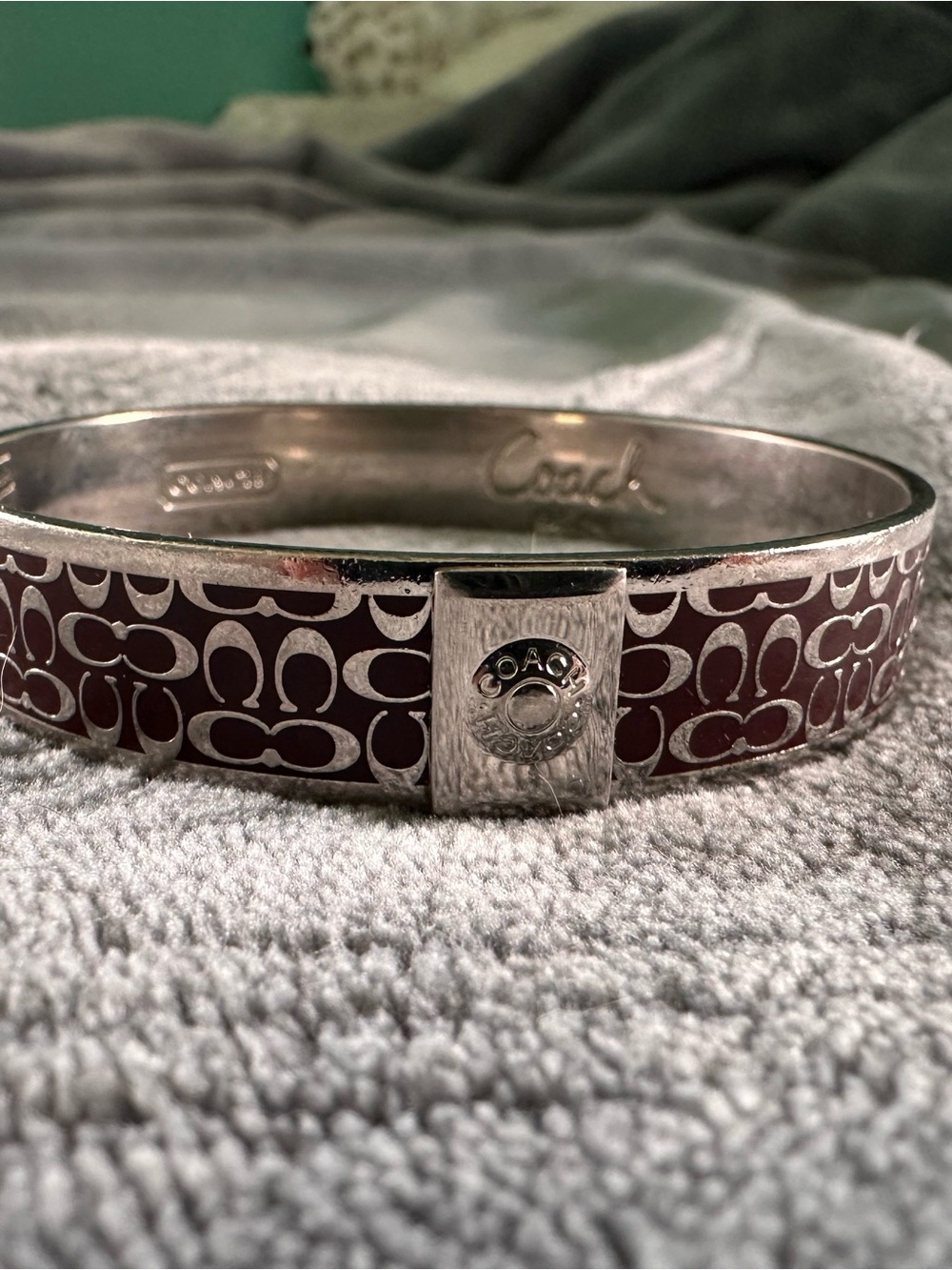 Coach Enamel Signature C Bangle in Burgundy with Silver-Tone Hardware